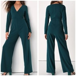 Lulu's Utterly Chic Long Sleeve Wide-Leg Jumpsuit in Emerald Green Medium (6-8)